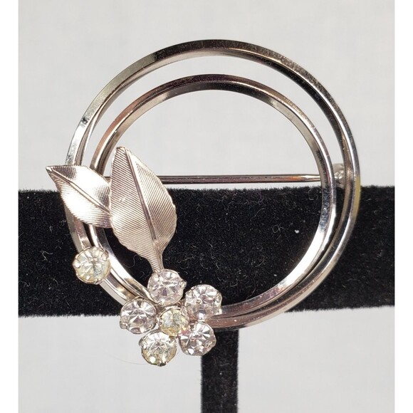 Vtg 70s Signed Krementz Floral Spray Circle Clear Rhinestones Silver Tone Brooch - Picture 3 of 16